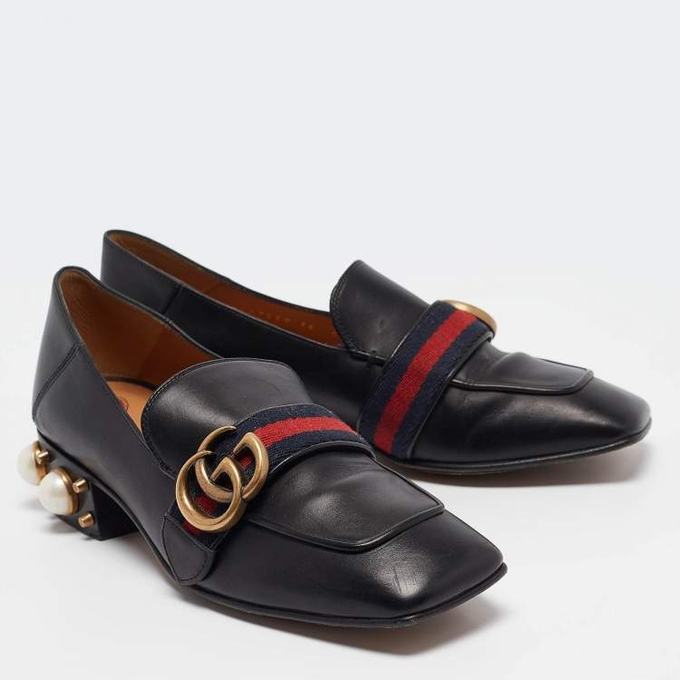 Pre Owned Gucci Black Leather GG Web Peyton Loafers Size 36