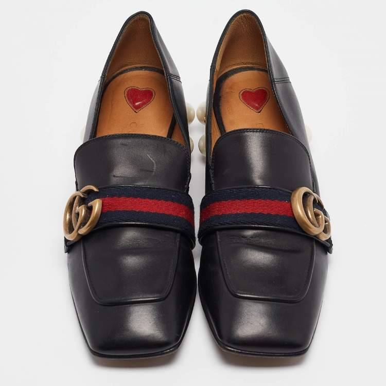 Pre Owned Gucci Black Leather GG Web Peyton Loafers Size 36