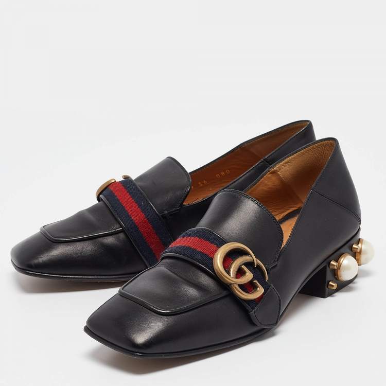 Pre Owned Gucci Black Leather GG Web Peyton Loafers Size 36