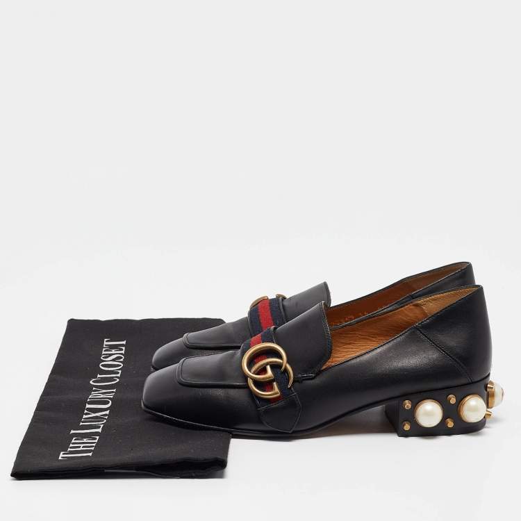 Pre Owned Gucci Black Leather GG Web Peyton Loafers Size 36