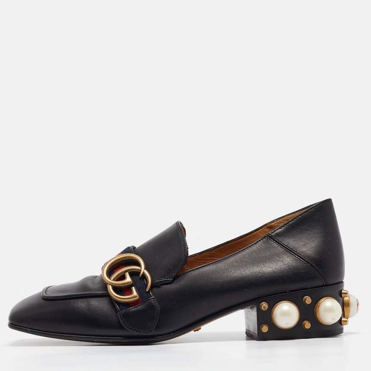 Pre Owned Gucci Black Leather GG Web Peyton Loafers Size 36