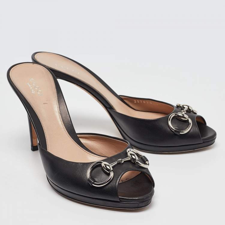Pre Owned Gucci Black Leather Hollywood Slide Sandals Size 38.5