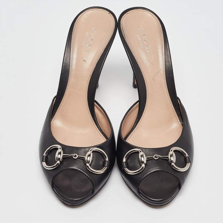 Pre Owned Gucci Black Leather Hollywood Slide Sandals Size 38.5