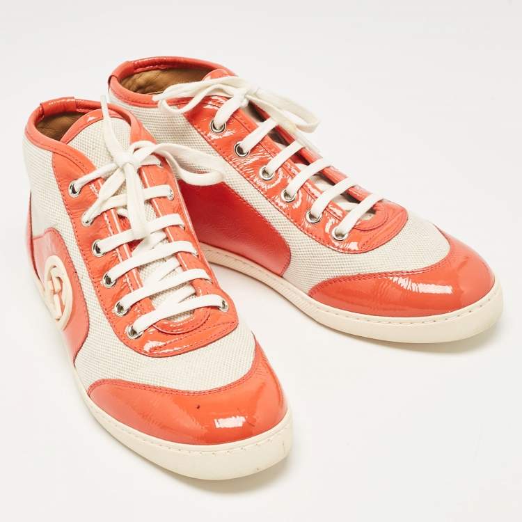 Pre Owned Gucci Orange Canvas and Patent Leather GG High Top Sneakers Size 37