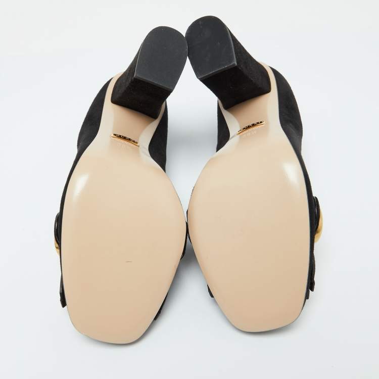 Pre Owned Gucci Black Suede GG Marmont Block Heel Pumps Size 38.5