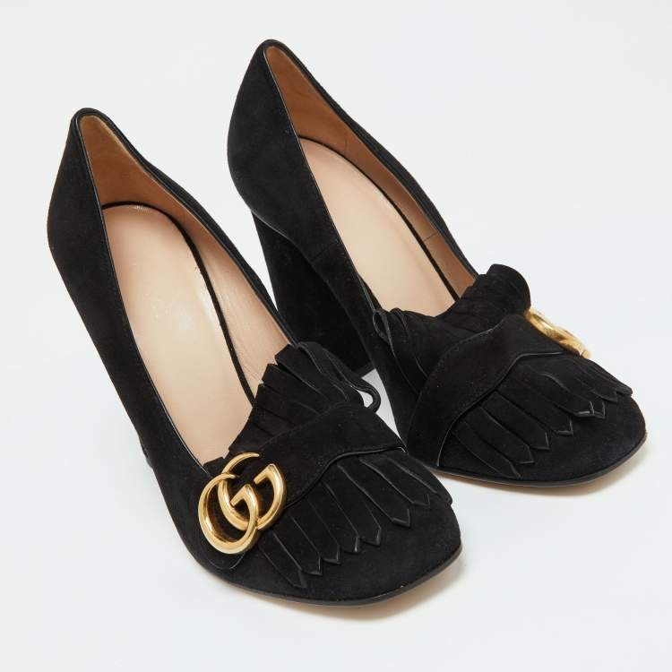Pre Owned Gucci Black Suede GG Marmont Block Heel Pumps Size 38.5