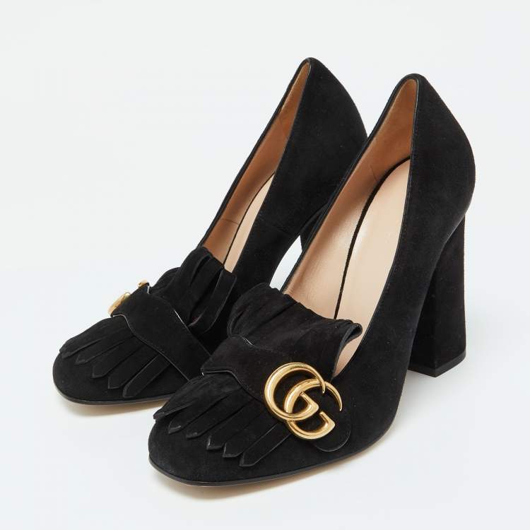 Pre Owned Gucci Black Suede GG Marmont Block Heel Pumps Size 38.5