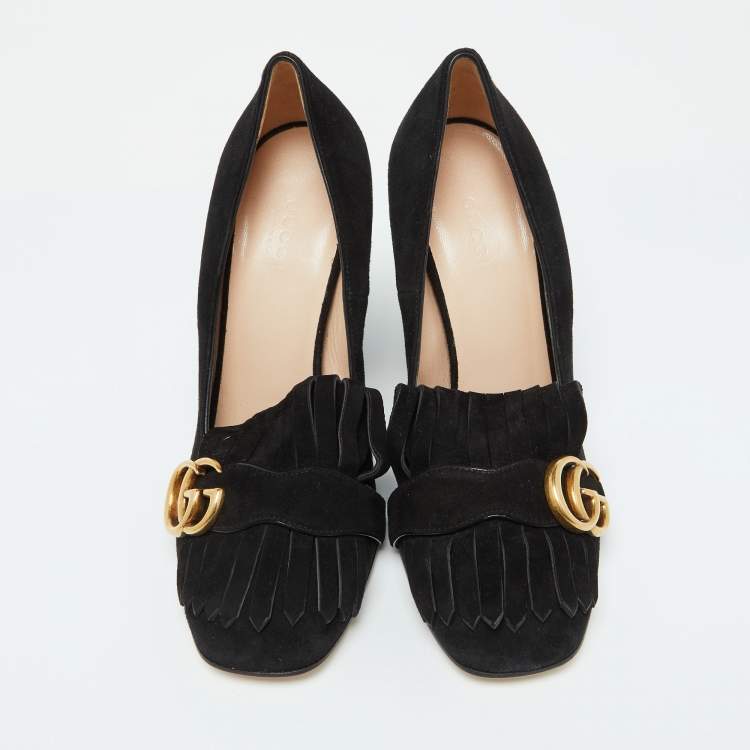 Pre Owned Gucci Black Suede GG Marmont Block Heel Pumps Size 38.5