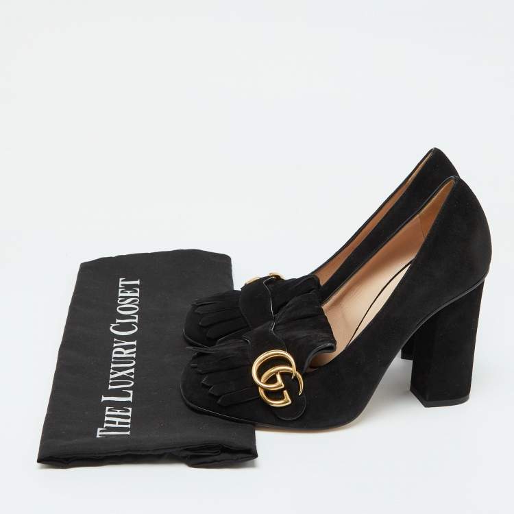 Pre Owned Gucci Black Suede GG Marmont Block Heel Pumps Size 38.5