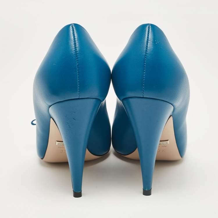 Pre Owned Gucci Blue Leather Pointed Toe Pumps Size 37.5