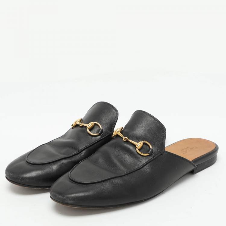 Pre Owned Gucci Black Leather Princetown Horsebit Mules Size 38.5