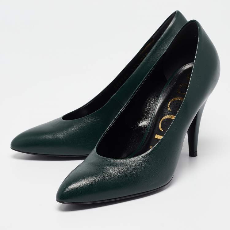 Pre Owned Gucci Green Leather Pointed Toe Pumps Size 37.5