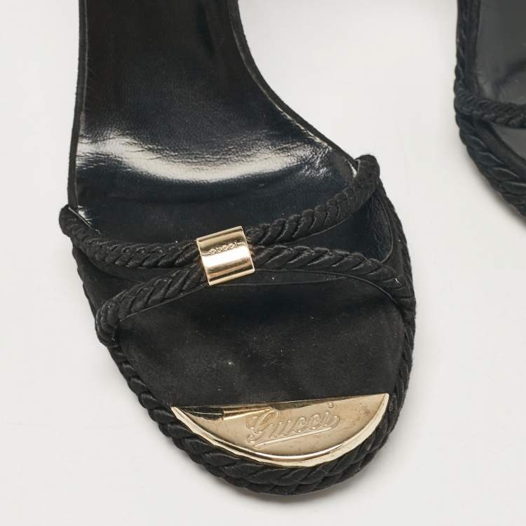 Pre Owned Gucci Black Suede and Woven Fabric Ankle Strap Sandals Size 41