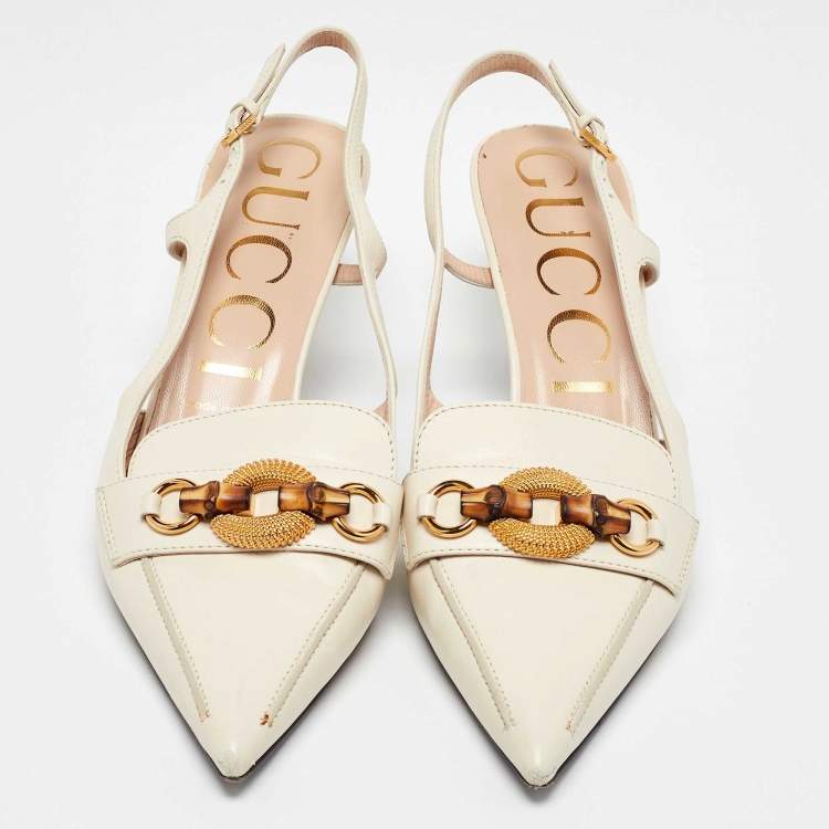 Pre Owned Gucci Off White Leather Horsebit Bamboo Slingback Mule Sandals Size 38.5