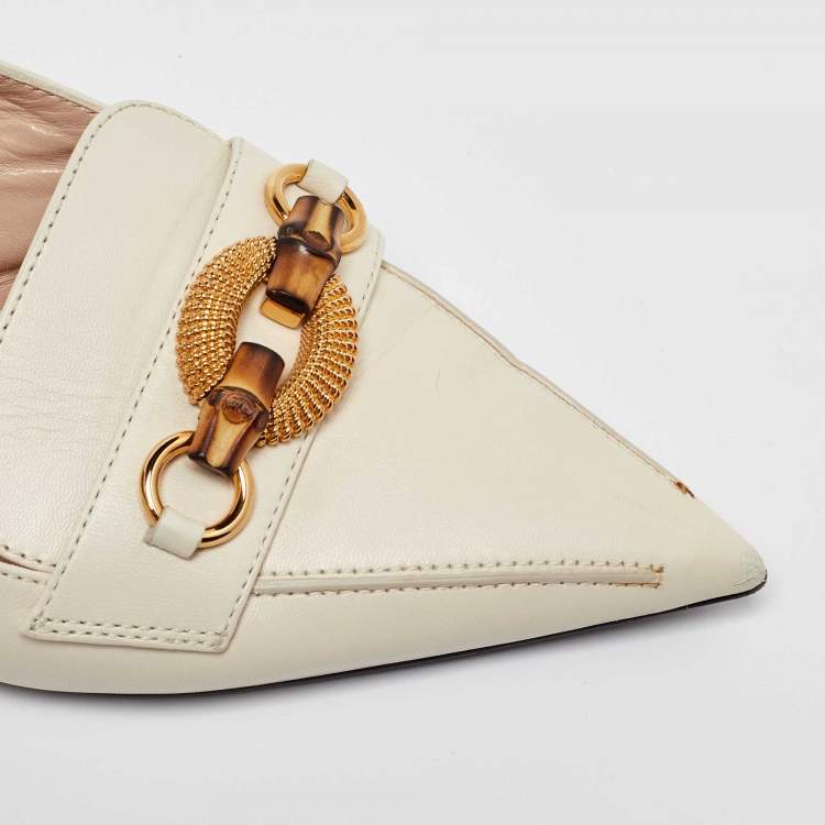Pre Owned Gucci Off White Leather Horsebit Bamboo Slingback Mule Sandals Size 38.5