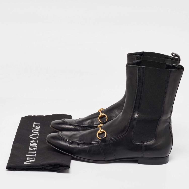 Pre Owned Gucci Black Leather and Elastic Horsebit Ankle Boots Size 41