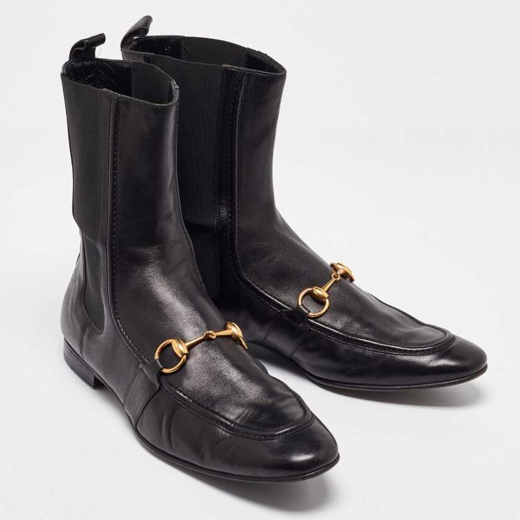 Pre Owned Gucci Black Leather and Elastic Horsebit Ankle Boots Size 41