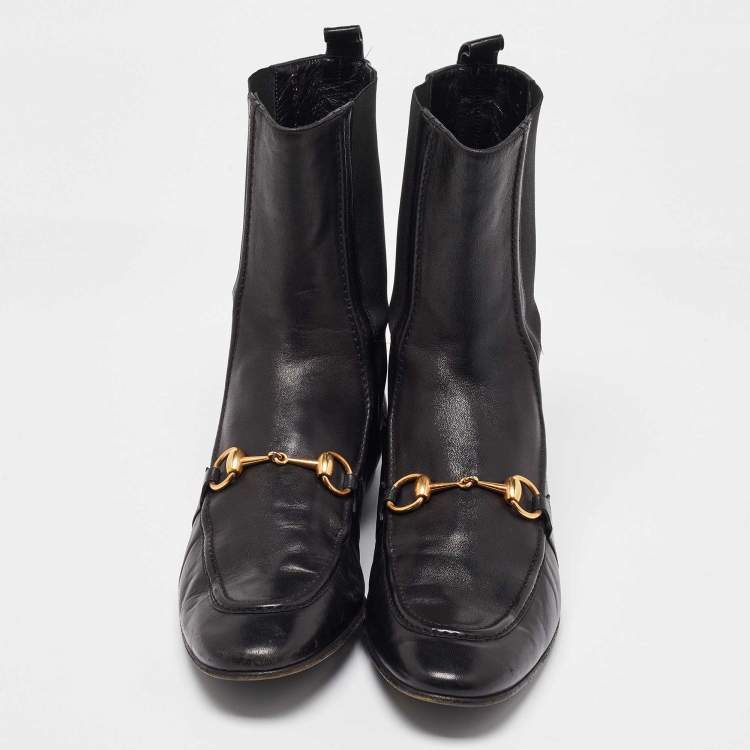 Pre Owned Gucci Black Leather and Elastic Horsebit Ankle Boots Size 41