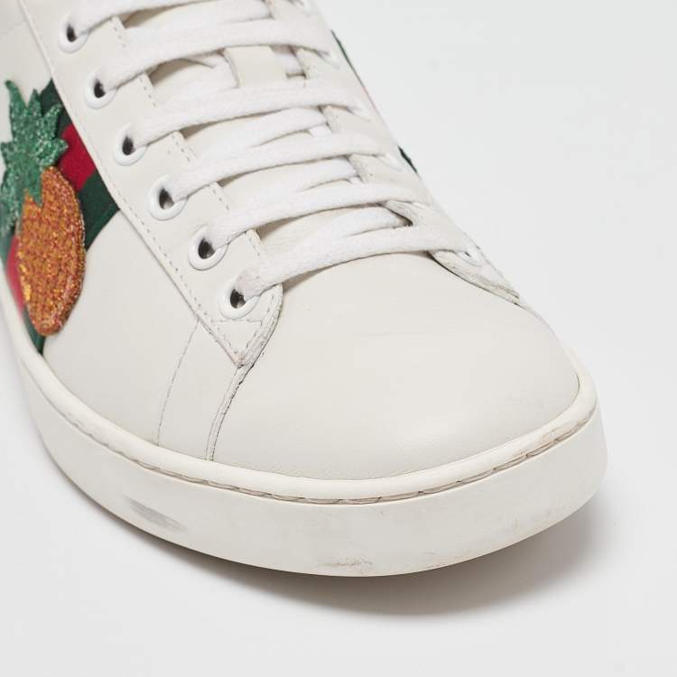 Pre Owned Gucci White Leather Pineapple and Lady Bug Applique Ace Sneakers Size 38