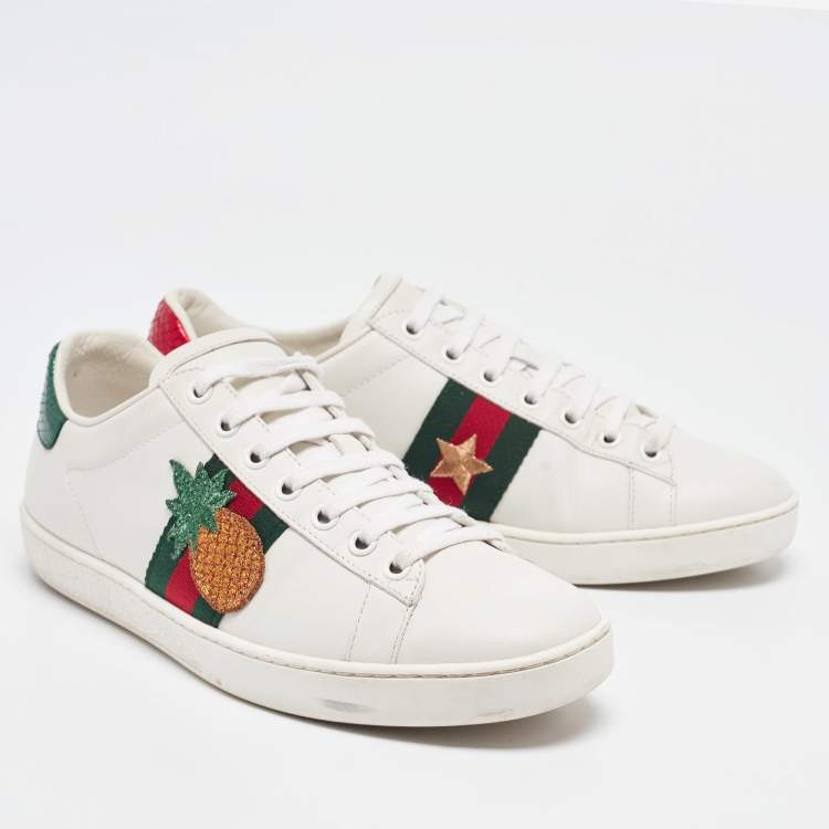 Pre Owned Gucci White Leather Pineapple and Lady Bug Applique Ace Sneakers Size 38