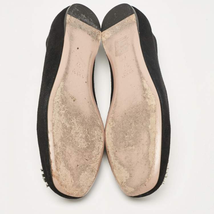 Pre Owned Gucci Black Suede Crystal Embellished Interlocking G Ballet Flats Size 39