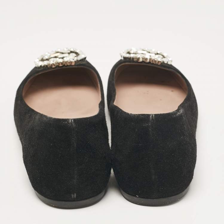 Pre Owned Gucci Black Suede Crystal Embellished Interlocking G Ballet Flats Size 39