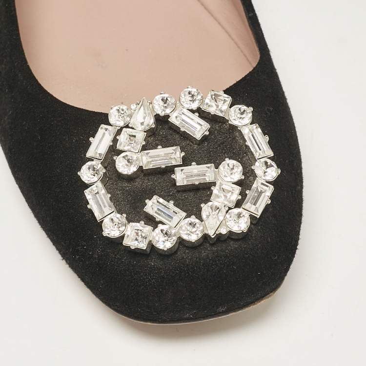 Pre Owned Gucci Black Suede Crystal Embellished Interlocking G Ballet Flats Size 39