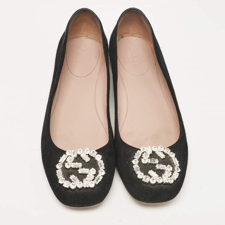 Pre Owned Gucci Black Suede Crystal Embellished Interlocking G Ballet Flats Size 39