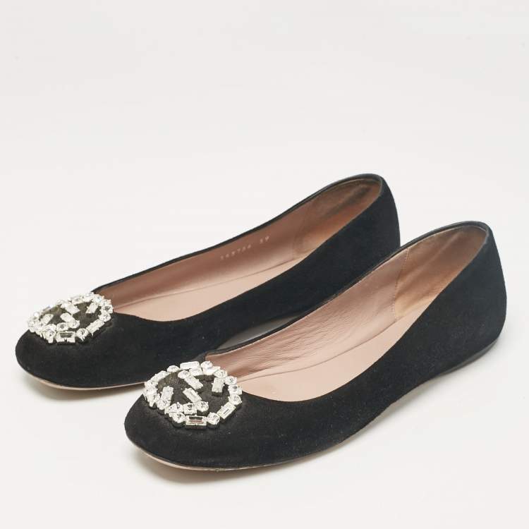 Pre Owned Gucci Black Suede Crystal Embellished Interlocking G Ballet Flats Size 39