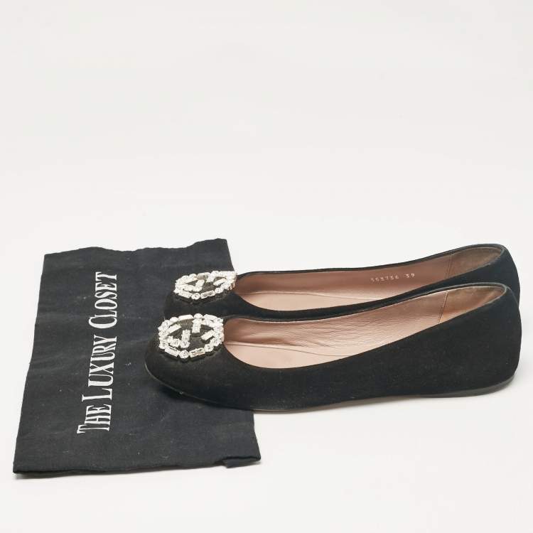 Pre Owned Gucci Black Suede Crystal Embellished Interlocking G Ballet Flats Size 39