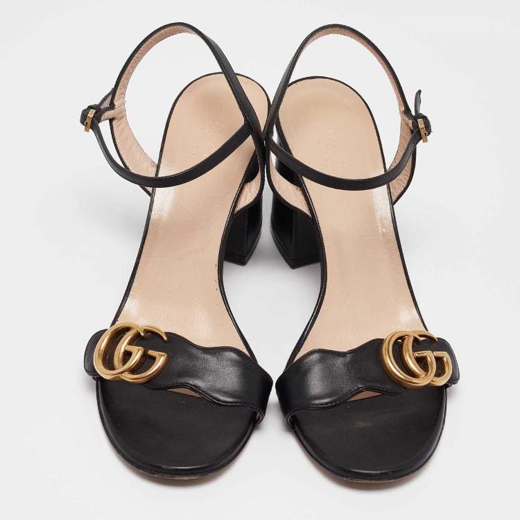 Pre Owned Gucci Black Leather GG Marmont Ankle Strap Sandals Size 38