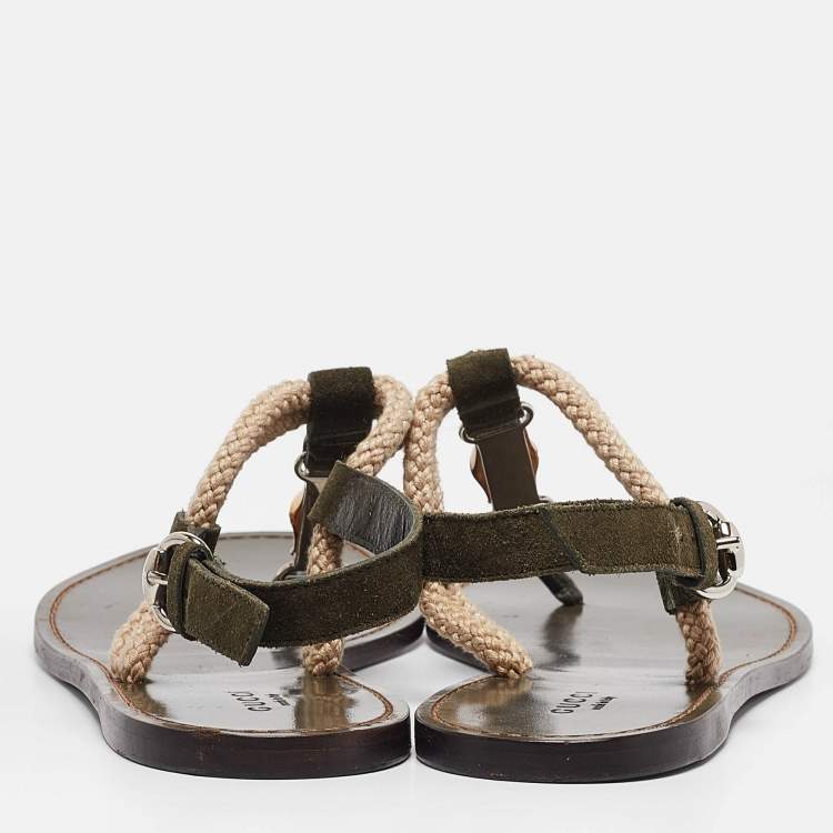 Pre Owned Gucci Green Suede Thong Flat Sandals Size 40.5