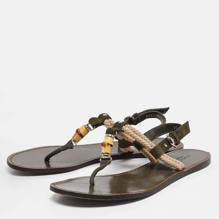 Pre Owned Gucci Green Suede Thong Flat Sandals Size 40.5