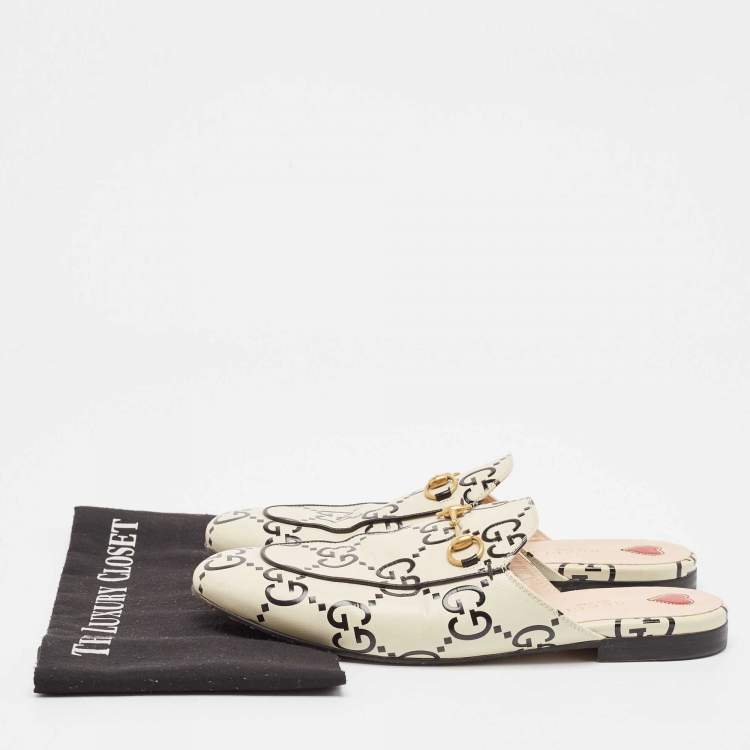 Pre Owned Gucci Cream/Black Leather Ghost Princetown Mules Size 40.5
