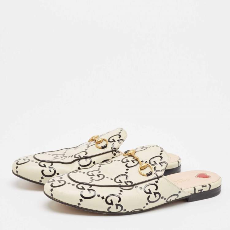Pre Owned Gucci Cream/Black Leather Ghost Princetown Mules Size 40.5