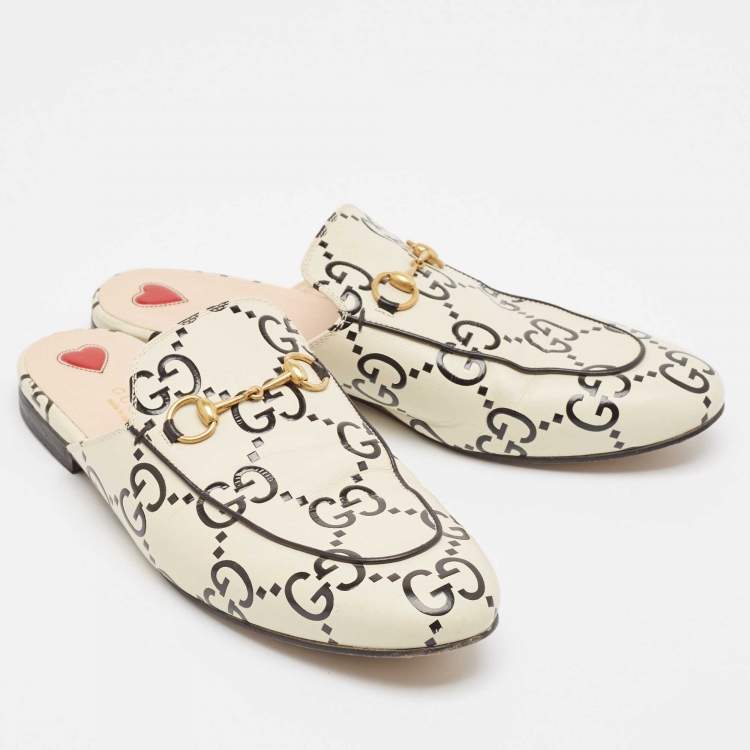 Pre Owned Gucci Cream/Black Leather Ghost Princetown Mules Size 40.5