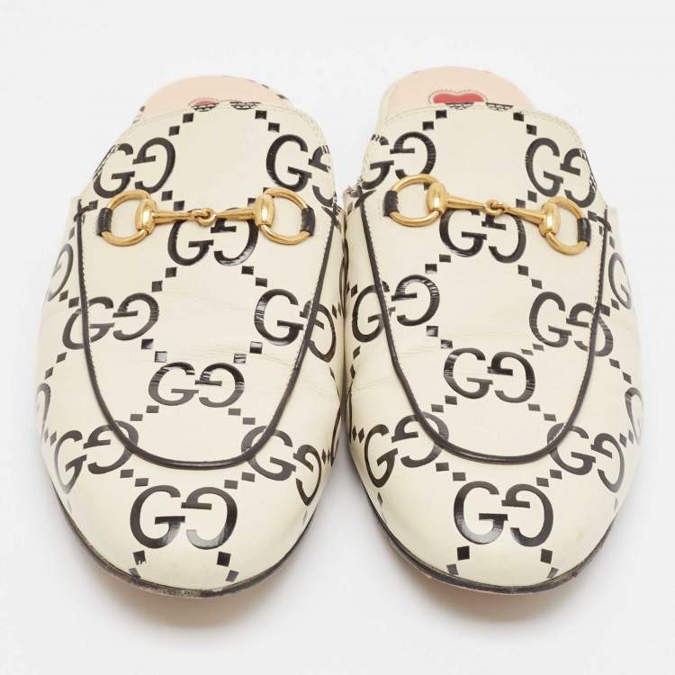 Pre Owned Gucci Cream/Black Leather Ghost Princetown Mules Size 40.5