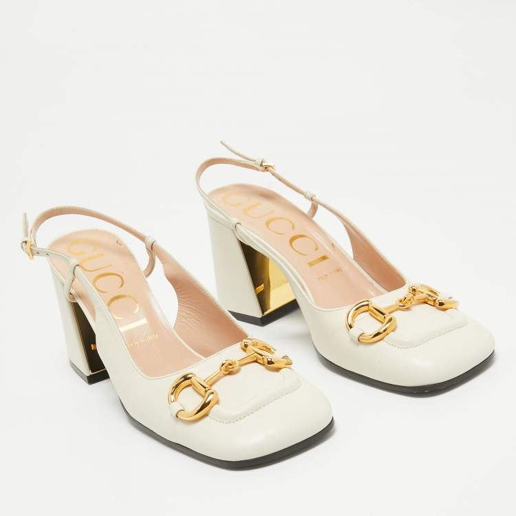 Pre Owned Gucci Cream Leather Horsebit Slingback Pumps Size 40