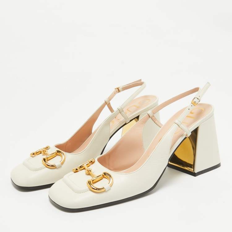 Pre Owned Gucci Cream Leather Horsebit Slingback Pumps Size 40