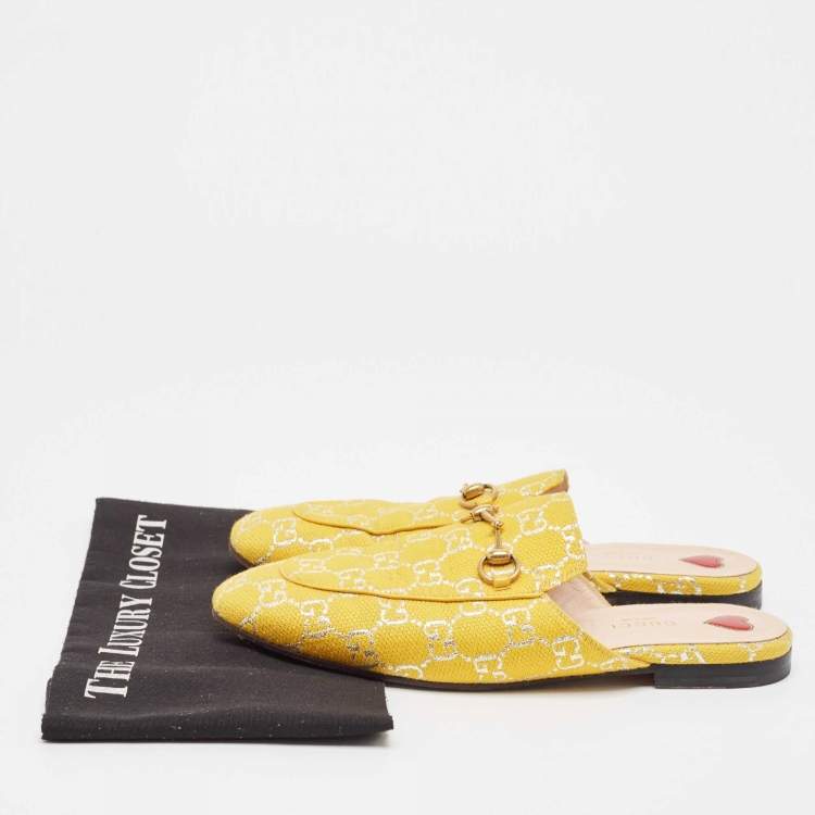 Pre Owned Gucci Yellow GG Fabric Princetown Flat Mules Size 39.5