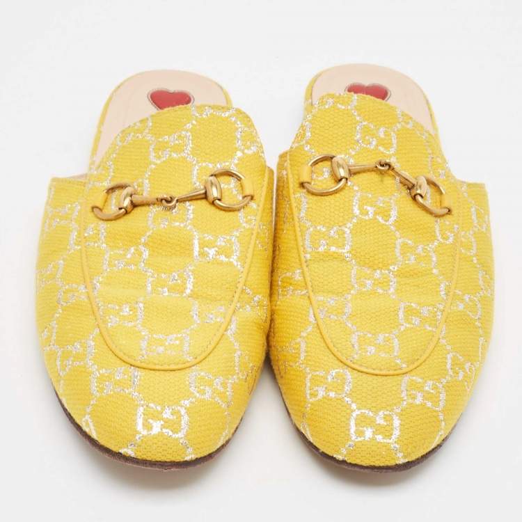 Pre Owned Gucci Yellow GG Fabric Princetown Flat Mules Size 39.5