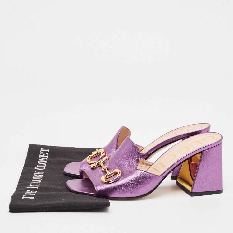 Pre Owned Gucci Metallic Purple Leather Slide Sandals Size 40.5