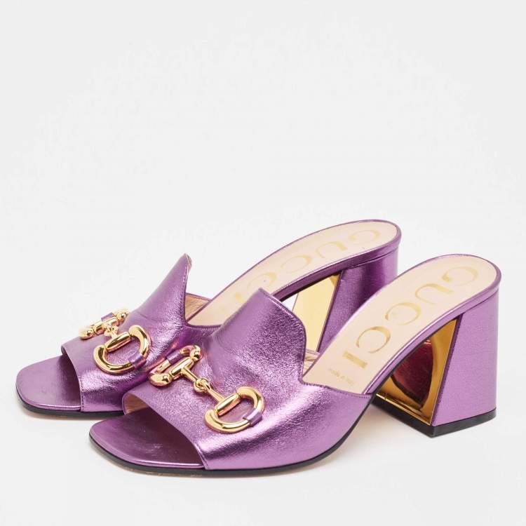 Pre Owned Gucci Metallic Purple Leather Slide Sandals Size 40.5