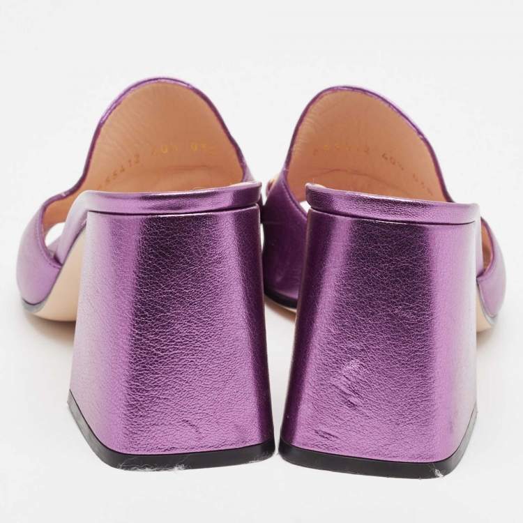 Pre Owned Gucci Metallic Purple Leather Slide Sandals Size 40.5