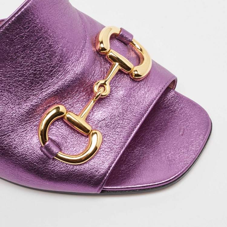 Pre Owned Gucci Metallic Purple Leather Slide Sandals Size 40.5