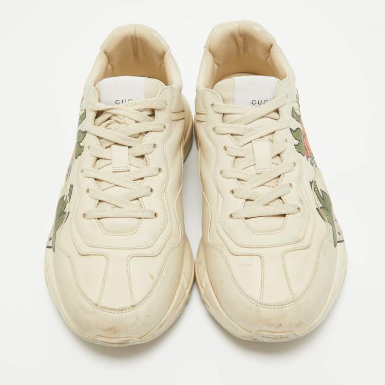 Pre Owned Gucci Cream Leather Rhyton Lace Up Sneakers Size 40.5