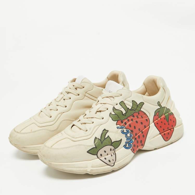 Pre Owned Gucci Cream Leather Rhyton Lace Up Sneakers Size 40.5
