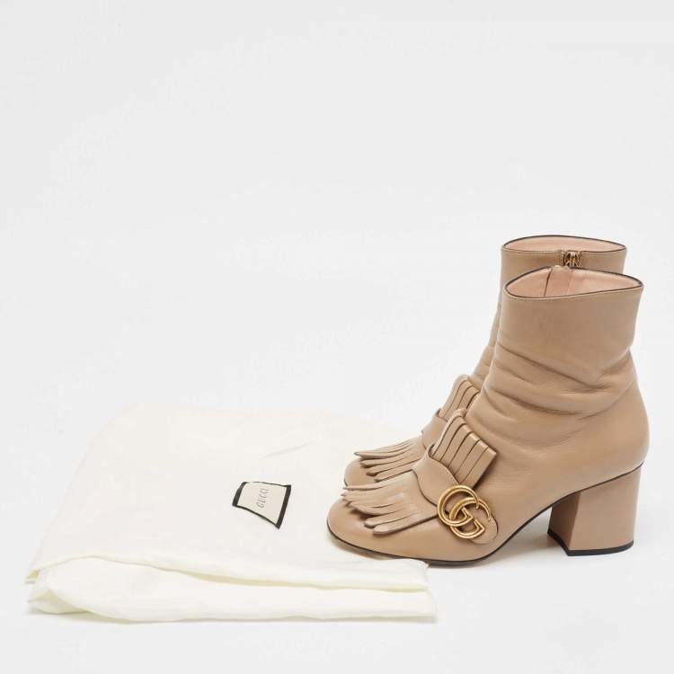 Pre Owned Gucci Brown Leather GG Marmont Fringe Ankle Boots Size 37.5