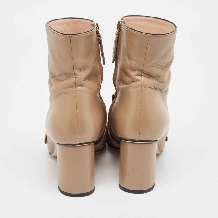 Pre Owned Gucci Brown Leather GG Marmont Fringe Ankle Boots Size 37.5