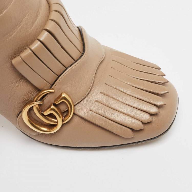 Pre Owned Gucci Brown Leather GG Marmont Fringe Ankle Boots Size 37.5